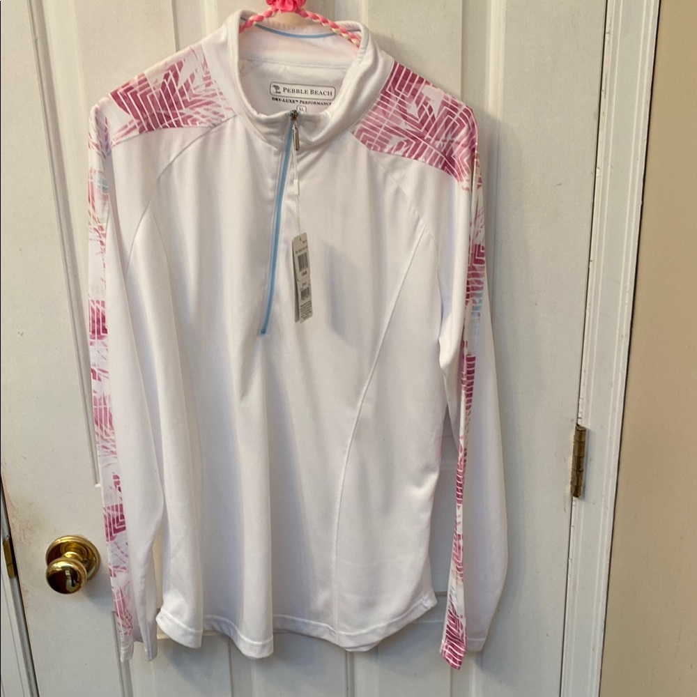 New!! Pebble Beach White and Pink Long Sleeve Quarter Zip Top
